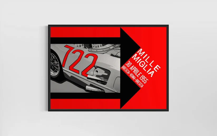 Stirling Moss 1955 Mercedes 722 Mille Miglia retro poster-style fine art print. Motorsport Art