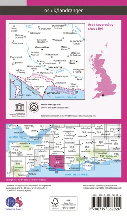 OS Landranger - 194 - Dorchester & Weymouth, Cerne Abbas & Bere Regis