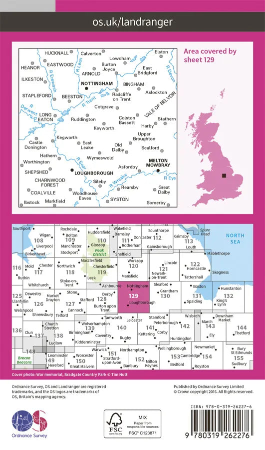 OS Landranger - 129 - Nottingham & Loughborough, Melton Mowbray