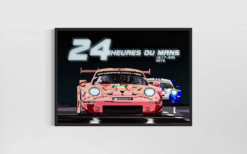 Pink Pig Porsche at 2018 Le Mans Race poster (landscape). Fine art Giclee print.