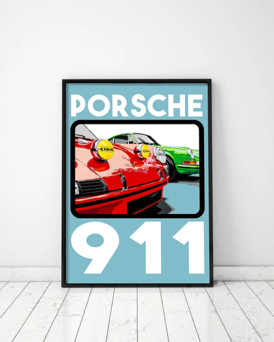 Image of Porsche 911 retro poster-style fine art print. Porsche Classic Car Art