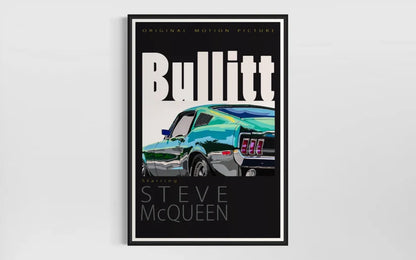 Steve McQueen Bullitt Ford Mustang retro movie poster-style fine art print.