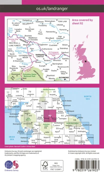 OS Landranger - 92 - Barnard Castle and surrounding areas